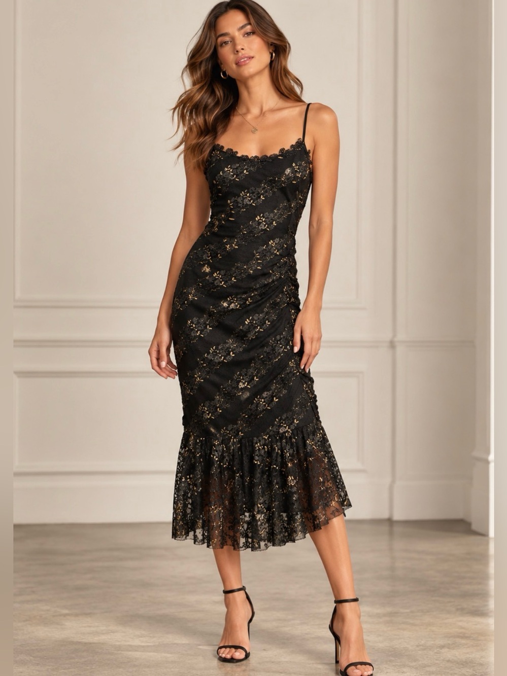 Black Lace Slip Midi Dress with Gold Accents - Women